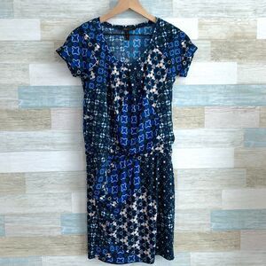 BCBGMaxAzria Blouson Stretchy Knit Dress Blue Abstract Short Sleeve Womens XS